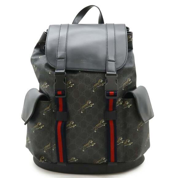 GUCCI Handbags - GUCCI Soft GG Supreme Sherry Line Backpack Tiger PVC Leather Black Grey 495563